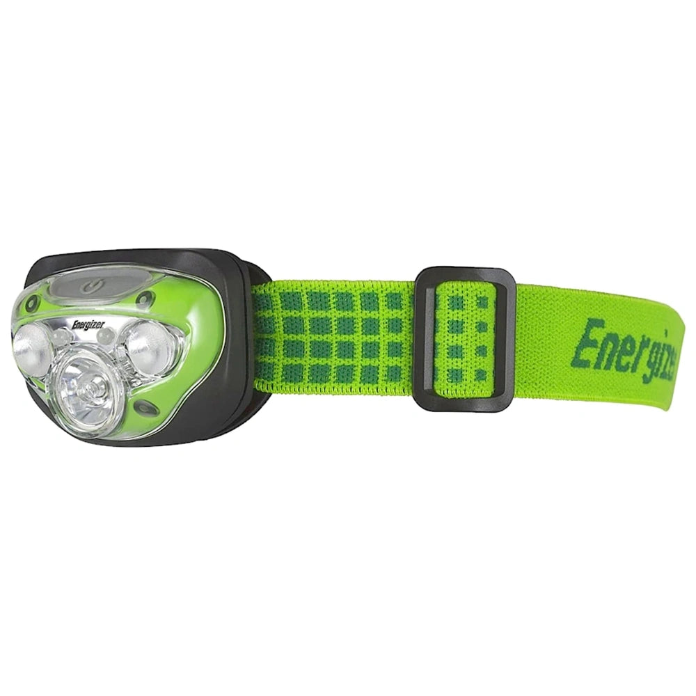 Energizer 3Aaa 350 light head torch with a green and black patterned strap and black plastic buckle, featuring "ENERGY" text.