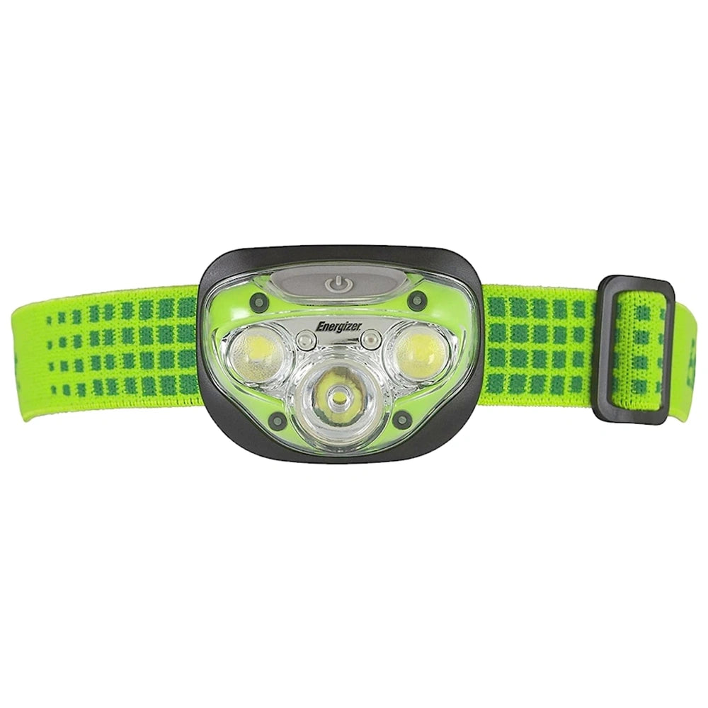 Energizer 3Aaa 350 light head torch features a black housing, green textured strap, transparent lens, and three visible LED l
