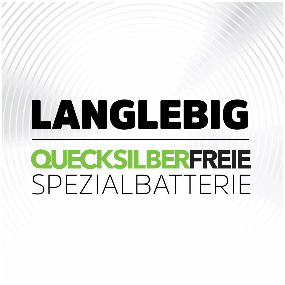 Energizer A23 battery with bold "LANGLEBIG" and "QUECKSILBER FREIE SPEZIALBATTERIE" text on a glossy white background.