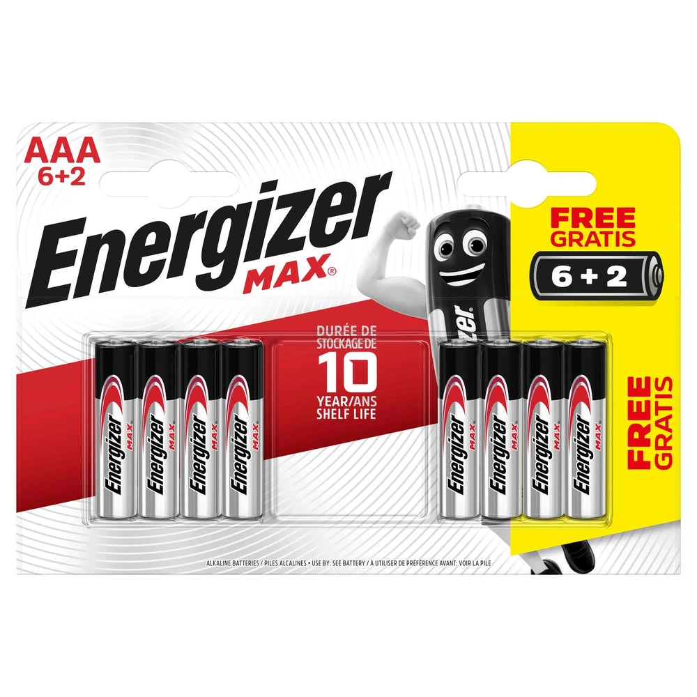 Energizer Alkaline Max AAA batteries in glossy packaging with clear window, featuring "FREE GRATIS" and "10 YEARS SHELF LIFE"