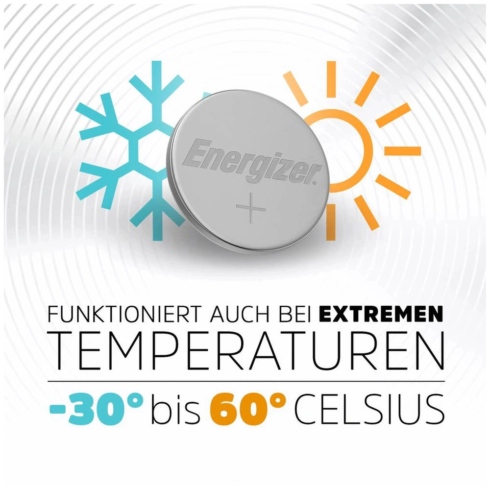 Energizer Button Cell CR 2025 in silver, featuring temperature range text and snowflake and sun graphics on a gradient backgr