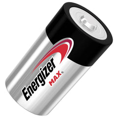 Energizer Max LR20 D battery pack in glossy black and silver packaging with metallic top and flat bottom.