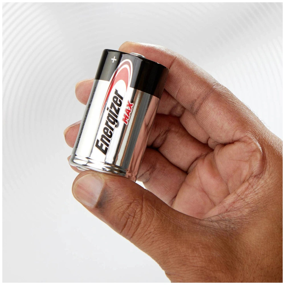Energizer Max LR20 D battery featuring a glossy black and white case with a metallic silver and black design.