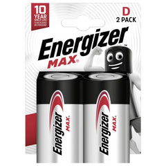 Energizer Max LR20 D Battery packaging featuring glossy materials, red and white stripes, and bold black text on a white back