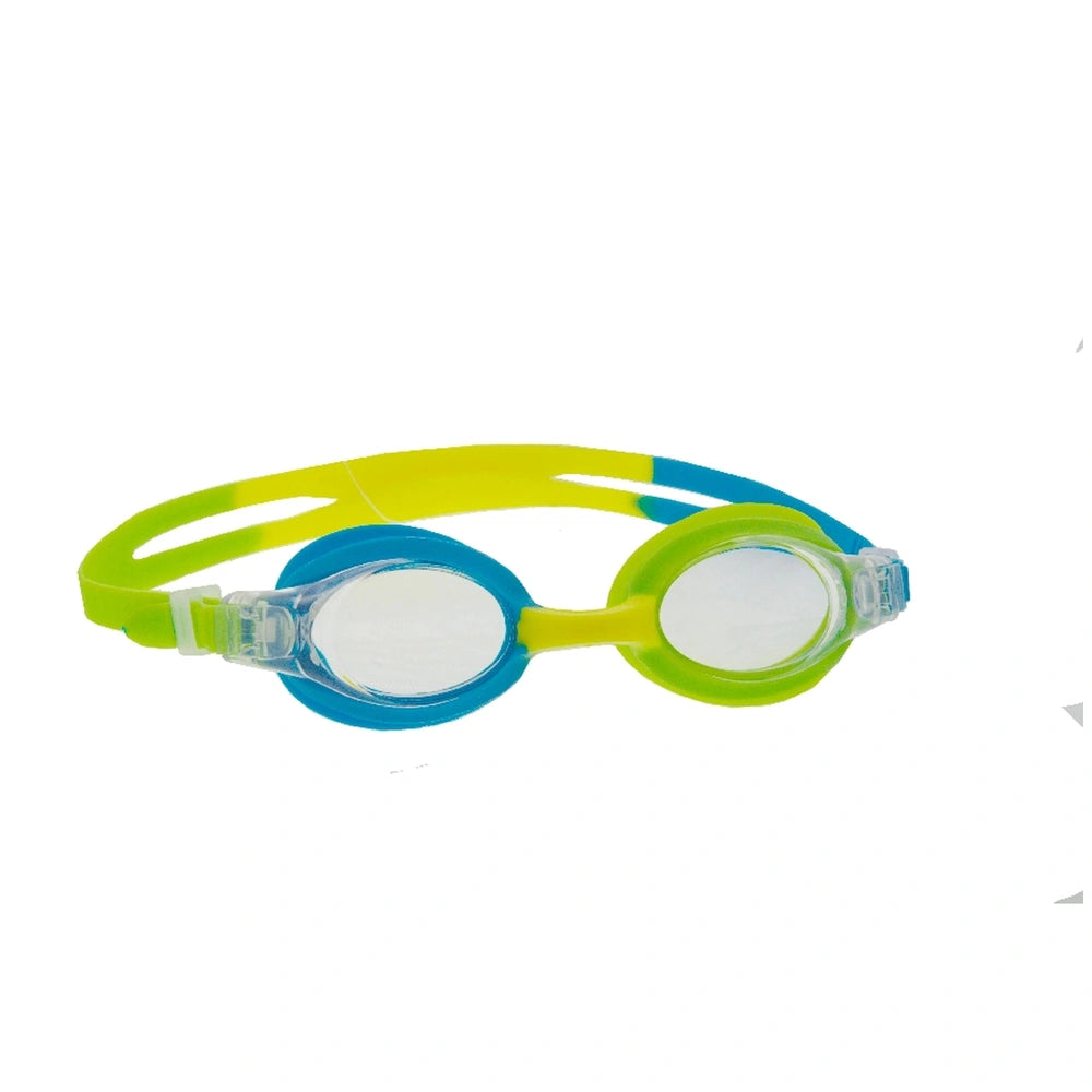 Escubia Spot Junior allergy-free silicone swimming goggles with yellow and blue frames, featuring a strap and lenses.