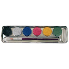 EULENSPIEGEL pearlescent colors metal palette showcases six circular paint swatches on a shiny silver rectangular tray.