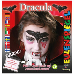 EULENSPIEGEL Dracula Makeup Set displayed on red background with a child in costume featuring a red cape and black bats.