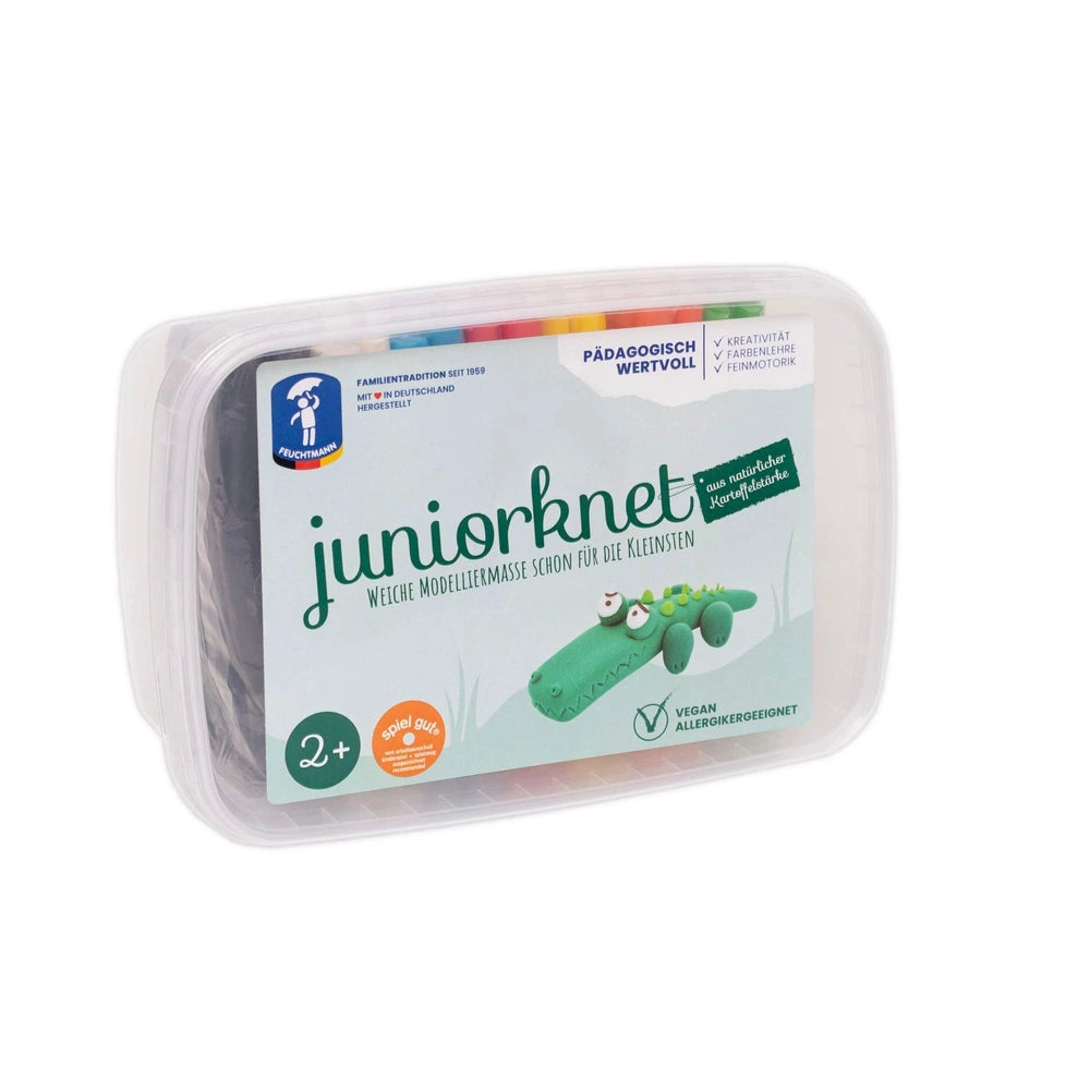 Feuchtmann Basic Modelling Dough in a transparent plastic box features a green alligator label and includes 14 colorful clay 