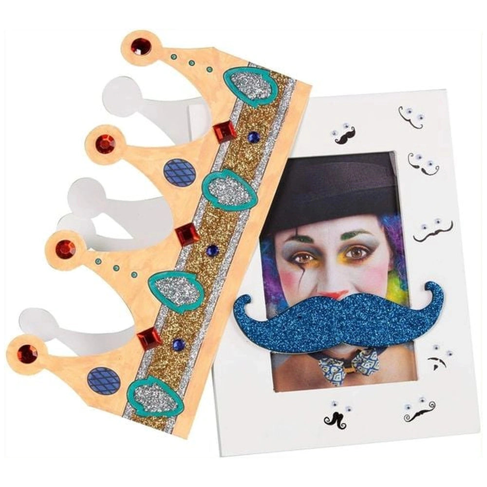 Folia Deko Mix Bastelset features a crown with gold foil and gemstones, and a blue glitter mustache on a white paper backgrou