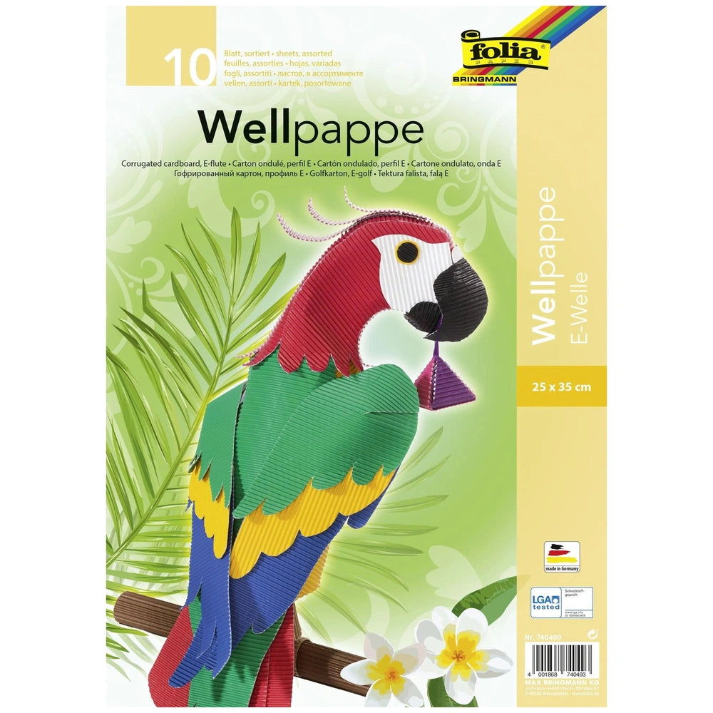 Folia Hobby Set features corrugated cardboard sheets with a colorful bird, flowers, and a green background in retail packagin