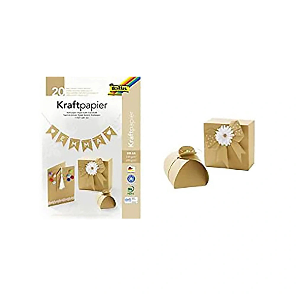 Folia Kraftpapier A4 sheets in natural color, packaged in a gold-foiled box with white ribbon, bow, and confetti.