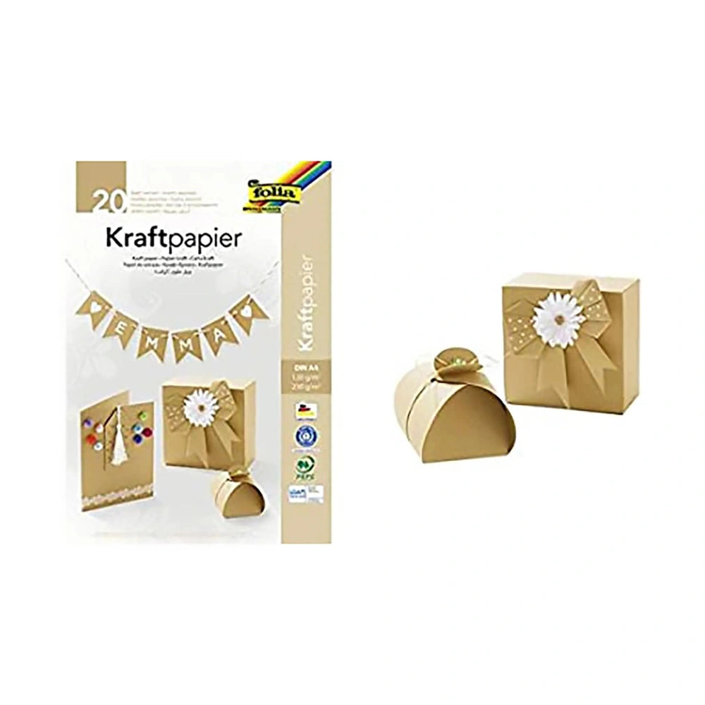 Folia Kraftpapier A4 sheets in natural color, packaged in a matte cardboard box with a glossy white paper finish.