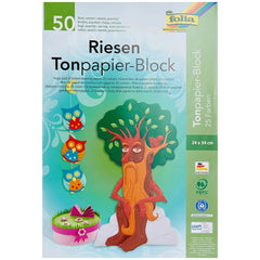 Folia Riesen Tonpapier Block A4 with 50 multi-coloured sheets in retail packaging, featuring light green background and black