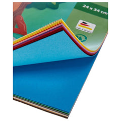 Folia Riesen Tonpapier Block A4, 50 multi-coloured glossy sheets stacked in fan arrangement, featuring a logo and size text.