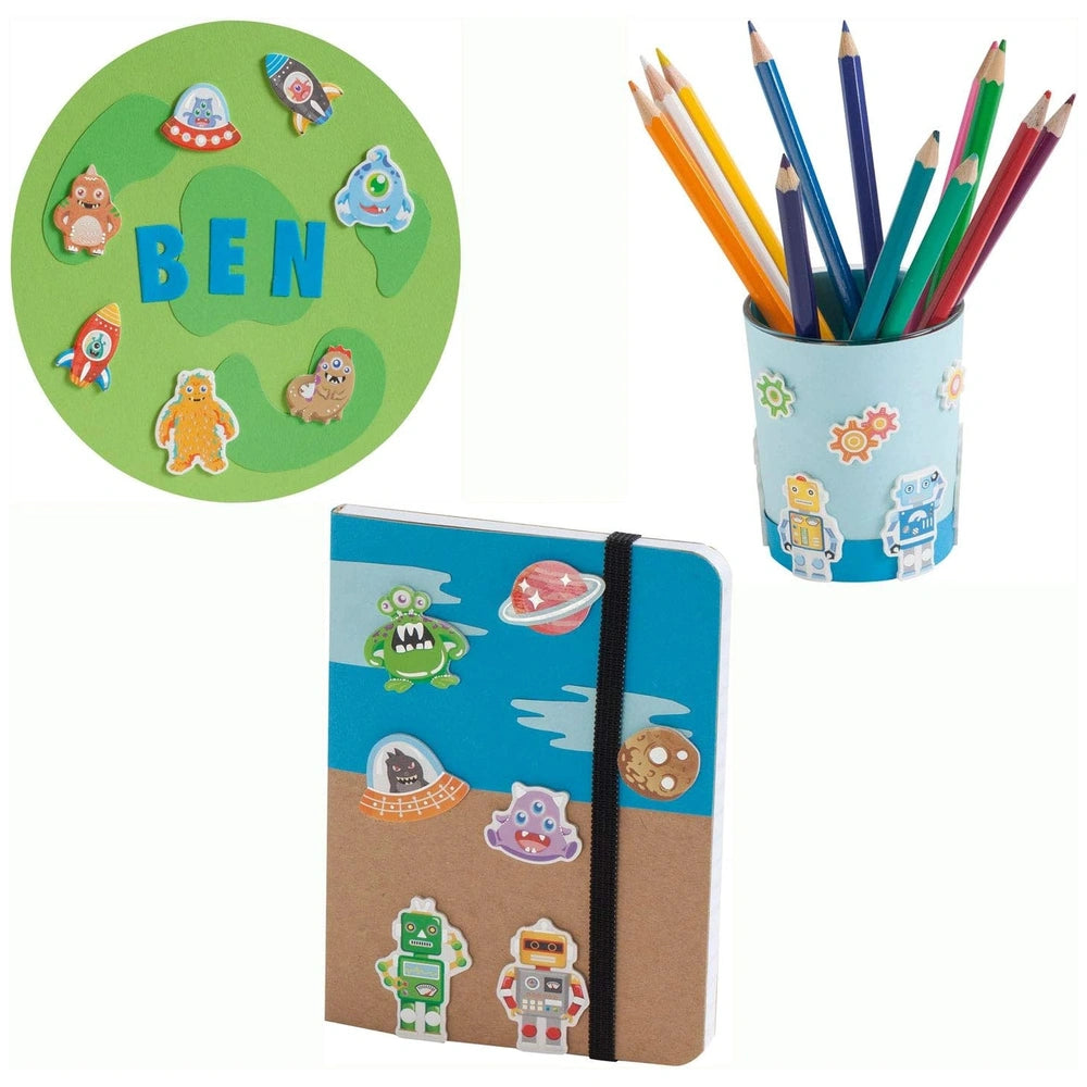 Folia Univers 25 3D Soft Stickers Pack with colorful stickers on a textured book cover and a blue metallic pencil holder.