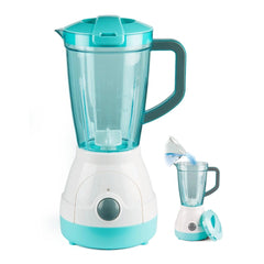 Frulla Matic Maison de Luxe Toy Blender in teal and white with a clear pitcher and a matching smaller container.