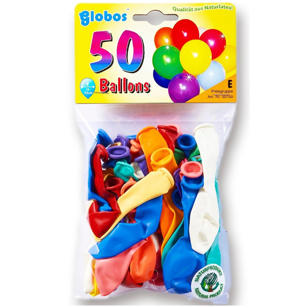 Assorted latex balloons in various colors, displayed in transparent packaging with colorful printed text.