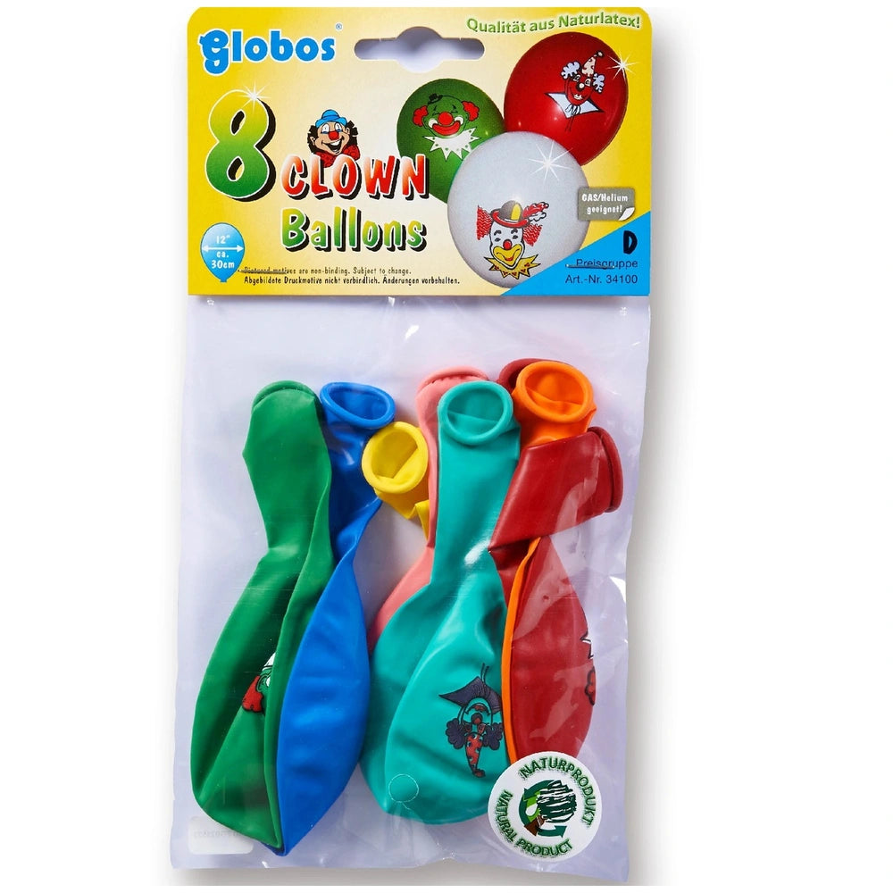 Globo clown balloons pack of 10 in clear plastic packaging with yellow background and text highlighting natural latex quality