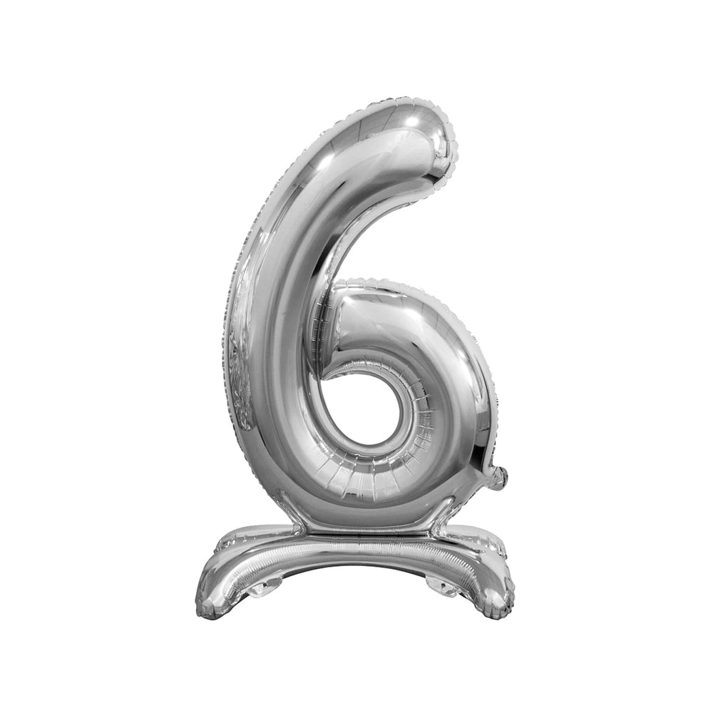 Silver metallic standing foil balloon shaped like the number 6, shiny and reflective, perfect for party decorations.