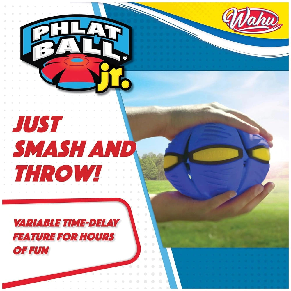Goliath Wahu Phlat Ball Junior 10 cm sports toy with blue and yellow gradient packaging featuring fun text and brand logo.
