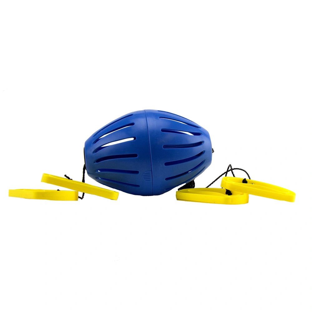 Goliath Wahu Zoom Ball features a blue helmet with yellow straps and black buckles, designed for hydro sports activities.