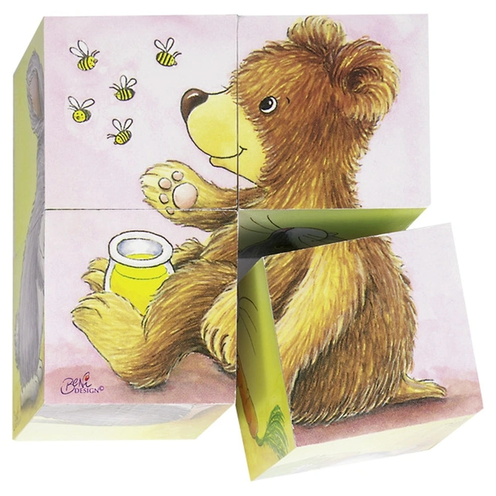 Gollness Baby Animals Cube Puzzle featuring a bear, cup, bees, and honey on colorful cardboard packaging.