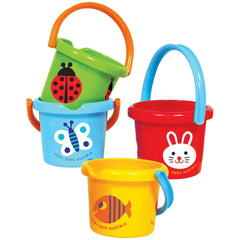 Gowi beach bucket set featuring three colorful buckets with green, red, and yellow lids, made of matte and glossy plastic.