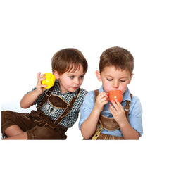 Gowi Coffee Service features two boys in suspenders holding orange plastic cups indoors against a white background.