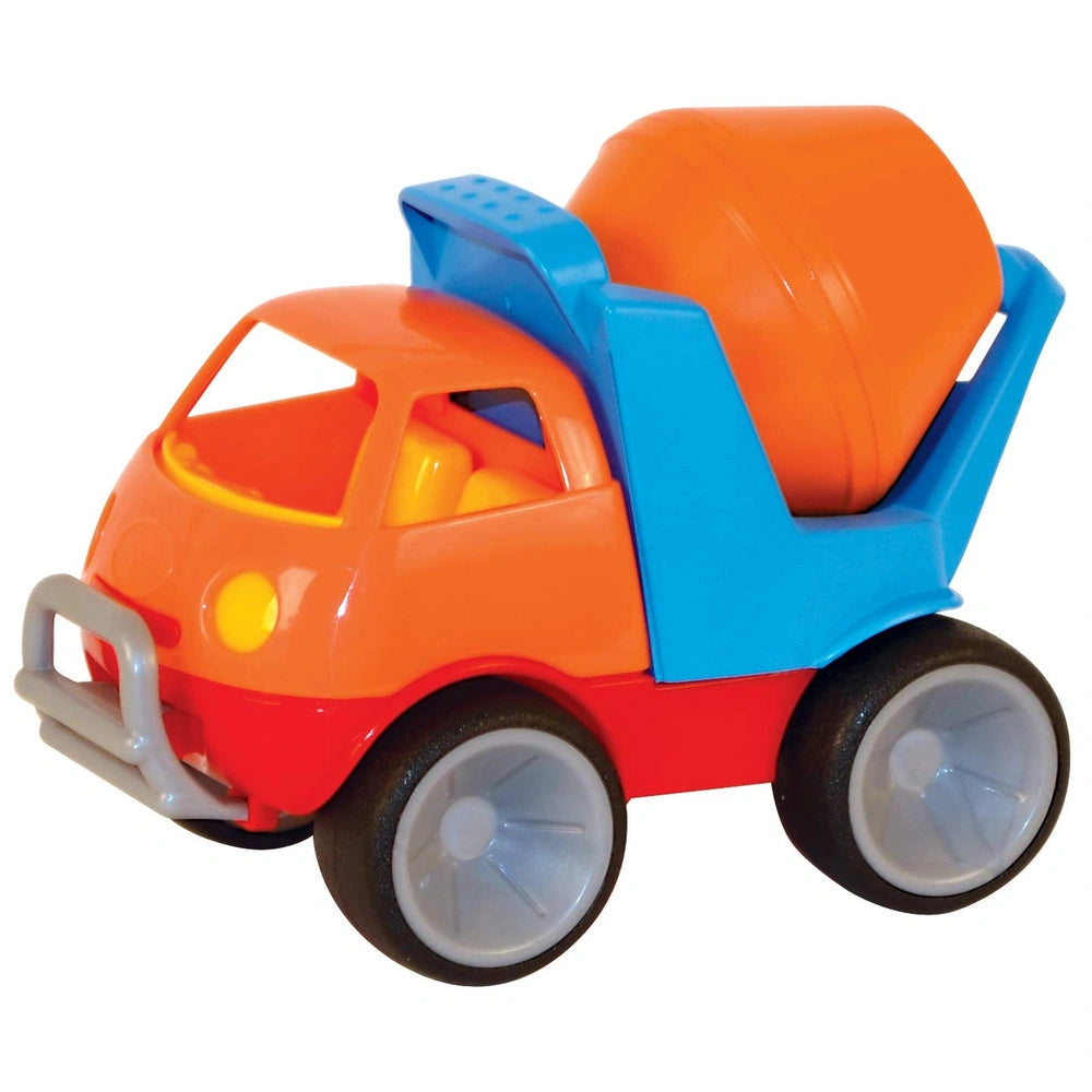 Gowi concrete mixer toy features an orange body, blue bed, black wheels, and yellow headlight with clear windows.