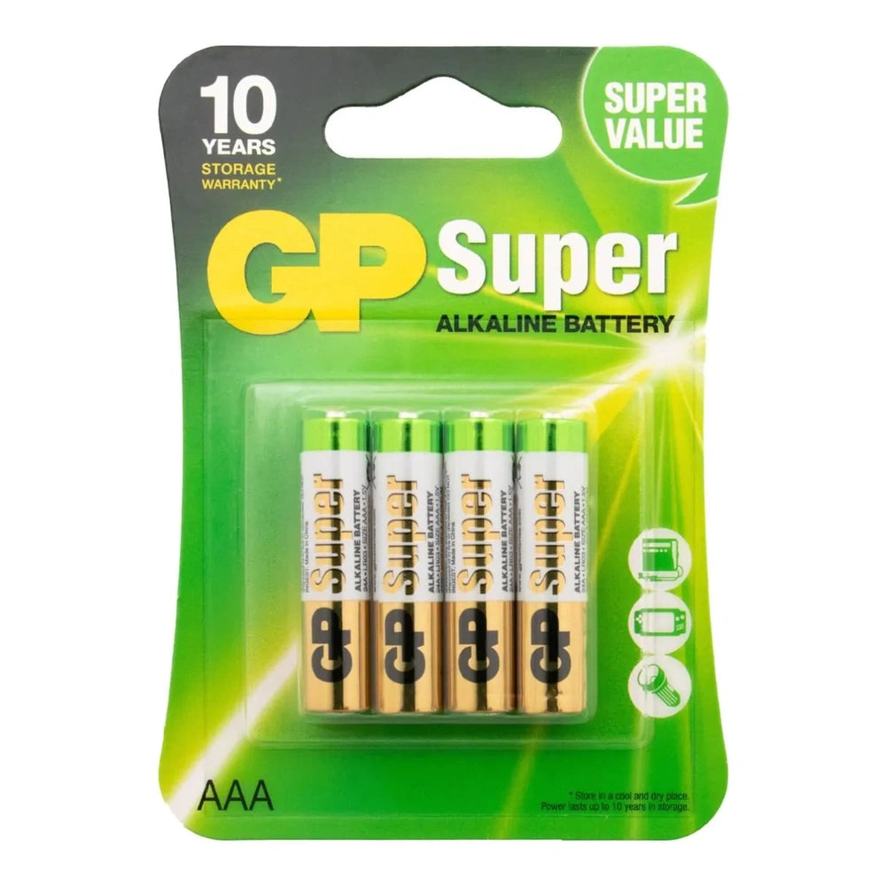 Four GP Super Alkaline AAA batteries in green and yellow packaging, labeled with a 10-year warranty and "Super Value".