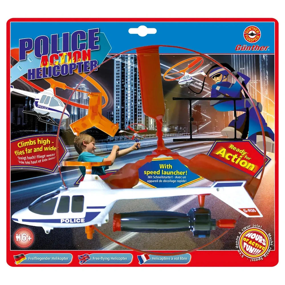 Gunther Flugspiele Police Action Helicopter play vehicle in glossy packaging with red, blue, and white colors, featuring a ci