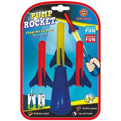 Gunther Flugspiele Pump Rocket Foam Toy 3-piece set packaging features glossy blue background with colorful printed text and 