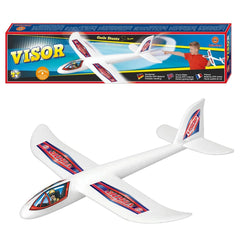 Gunther Flugspiele Visor Throw Glider packaging in blue, red, and yellow, featuring a white toy airplane with "COOLE STUNTS" 