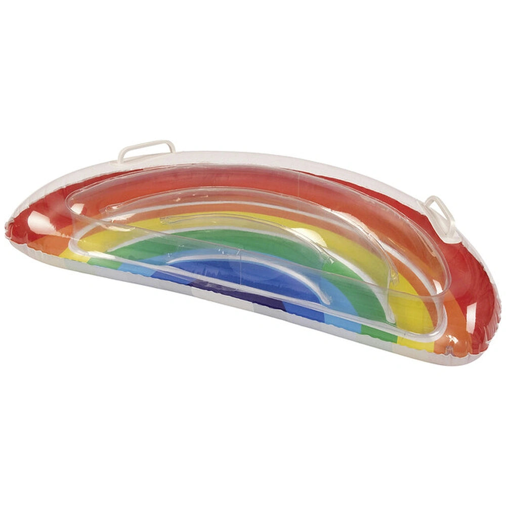 Rainbow-patterned air mattress with glossy plastic surface, transparent blue interior, handle, and lid.