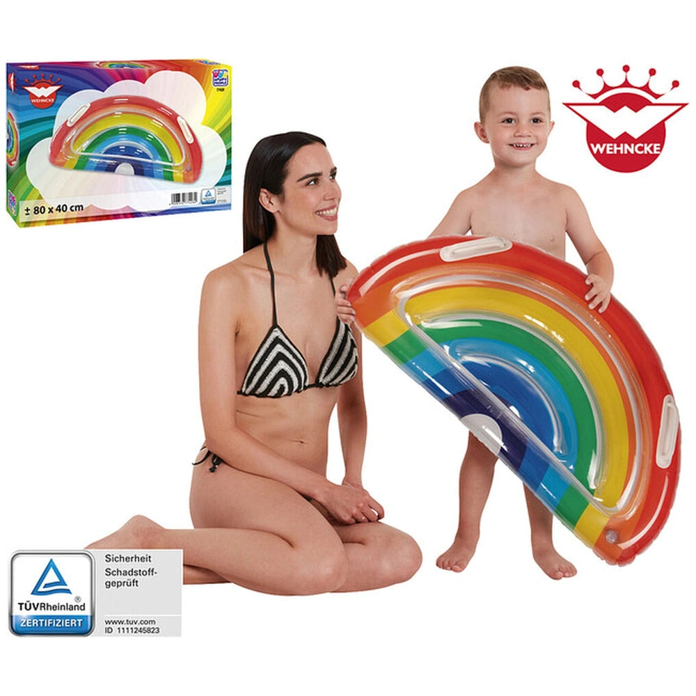 Happy People air mattress in rainbow colors, surrounded by a woman and child, displayed in matte cardboard packaging.