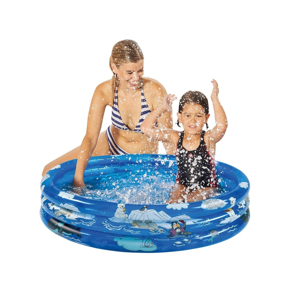 Happy People Arctic Friends Pool features two people enjoying a blue inflatable pool with white snowflakes.