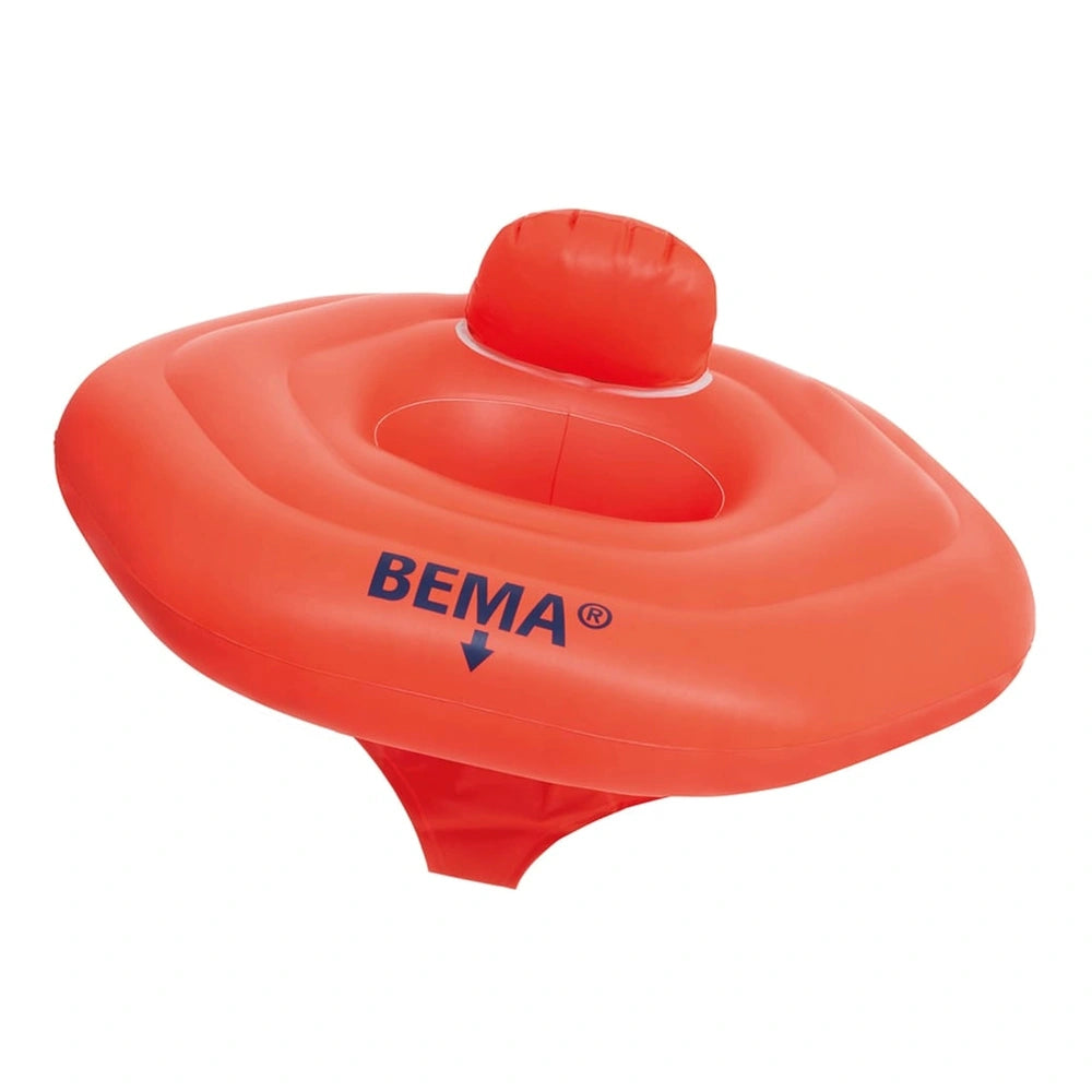 Bema Baby Swimming Seat in bright red, featuring a dome shape, textured surface, and downward arrow, centered view.