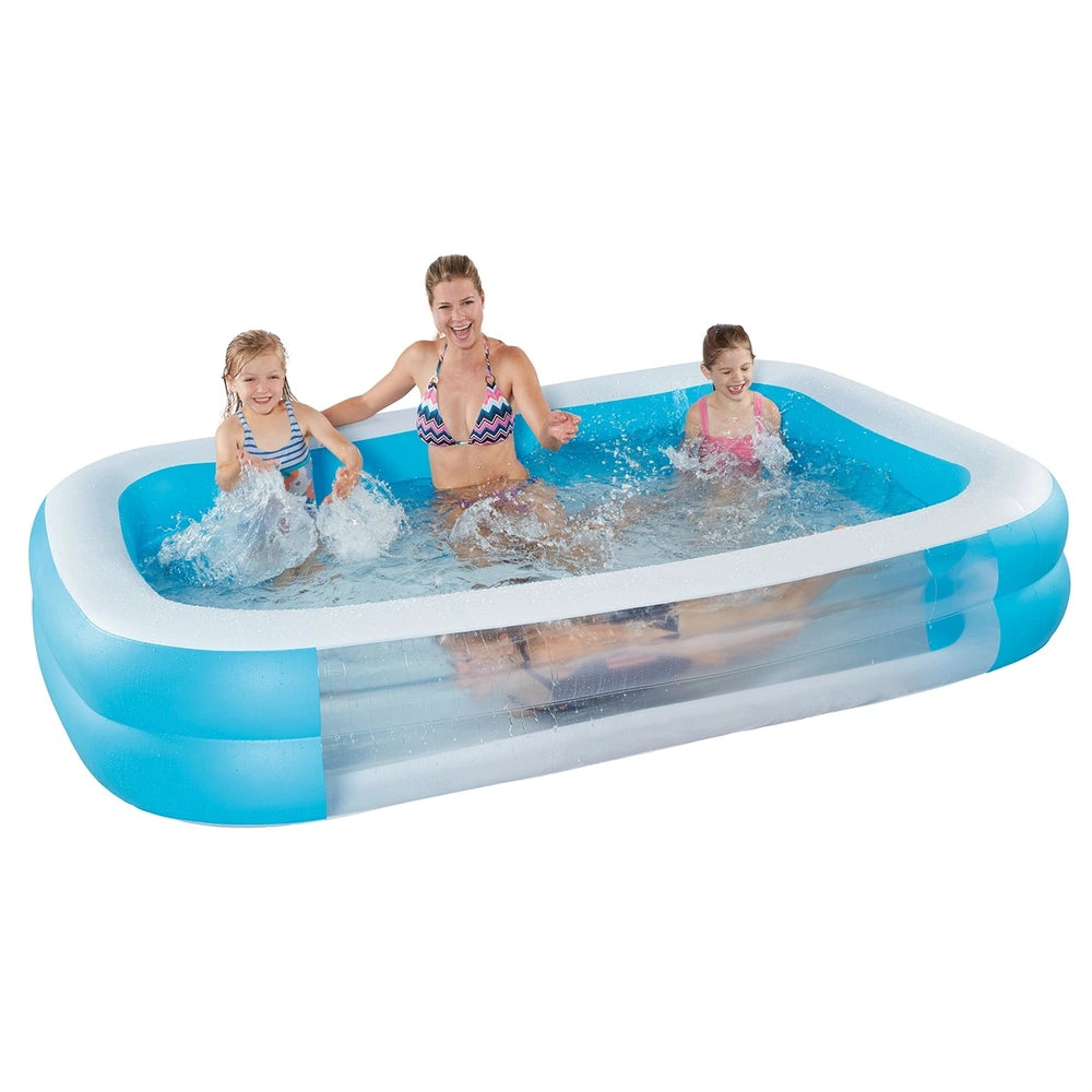 Happy People inflatable pool in blue with three smiling people splashing water in a vibrant lifestyle scene.