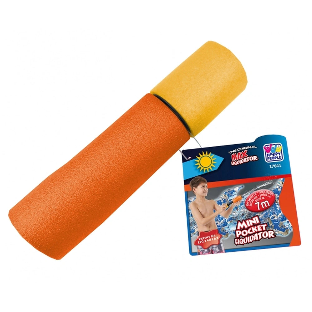 Happy People Foam Shooter Mini Pocket Liquidator 15 cm in glossy orange tube with blue packaging and sun symbol.