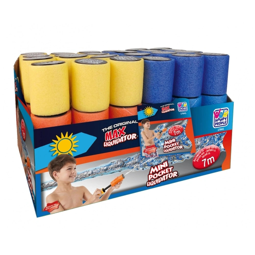 Happy People Foam Shooter Mini Pocket Liquidator packaging with six colorful sponges, red ball, and bold text on glossy blue 
