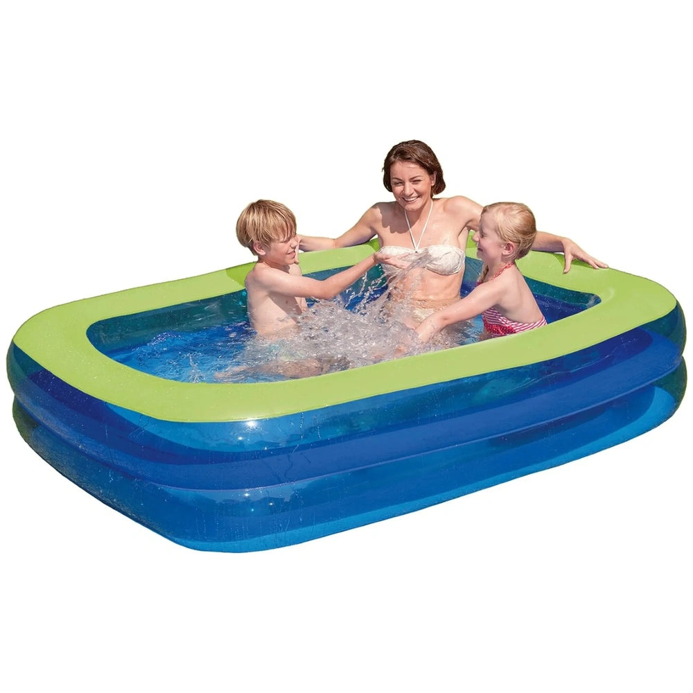 Happy People pool with blue material and green trim, featuring a woman in a white bikini and three children in swimsuits.