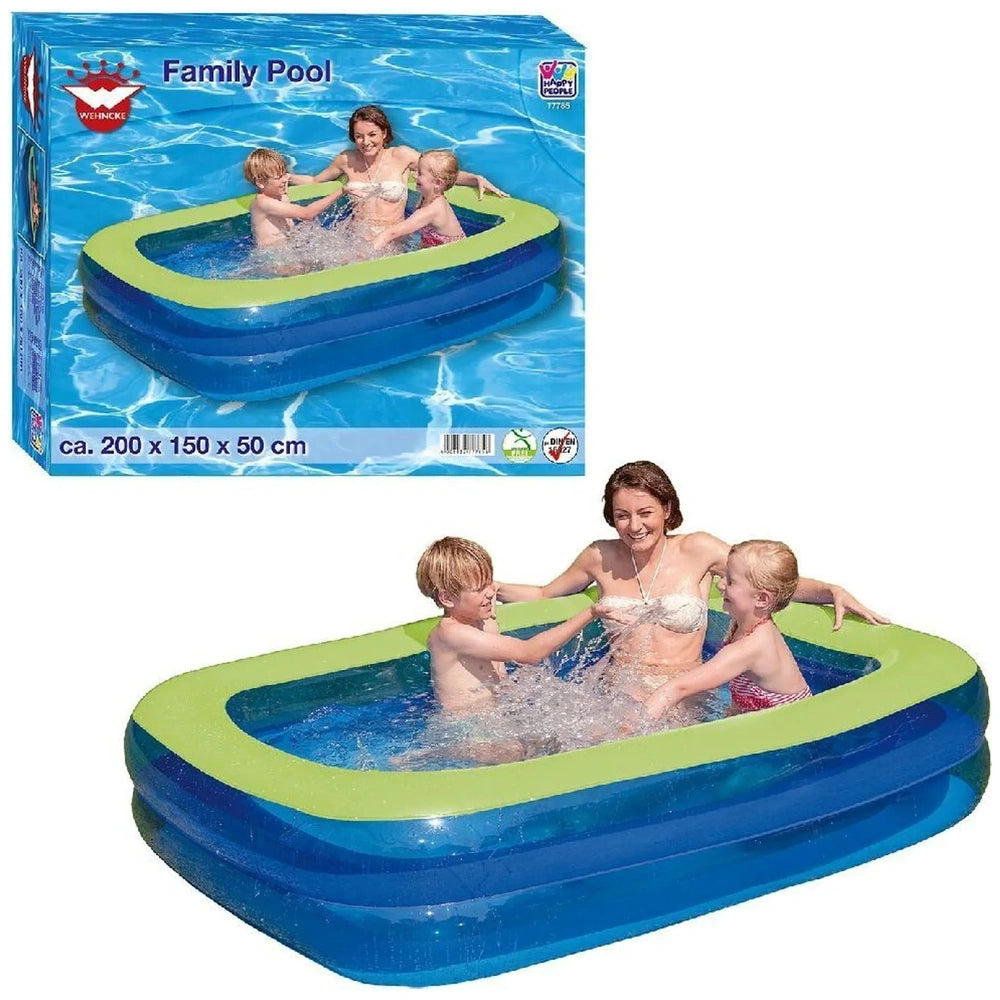Happy People family pool packaging with three people enjoying splashing water, featuring blue background and clear plastic wi