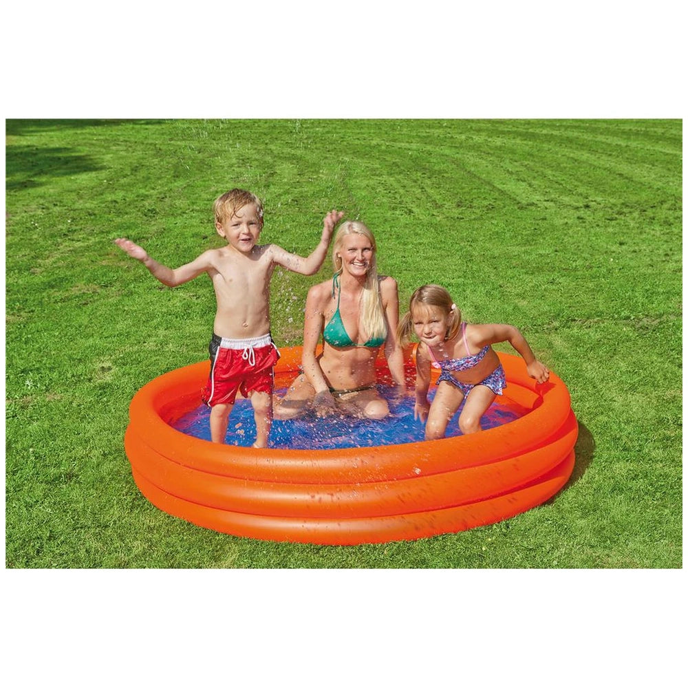 Happy People pool with three rings for kids, featuring three people enjoying water on green grass with an orange inflatable r