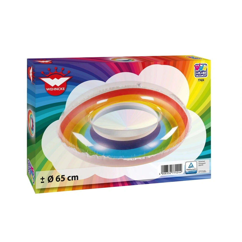 Rainbow Swimming Ring 65 cm in glossy packaging with a transparent window, featuring colorful design and product label.