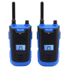 Happy World police walkie talkie with blue plastic casing, black antenna, buttons, and screen featuring police logos.