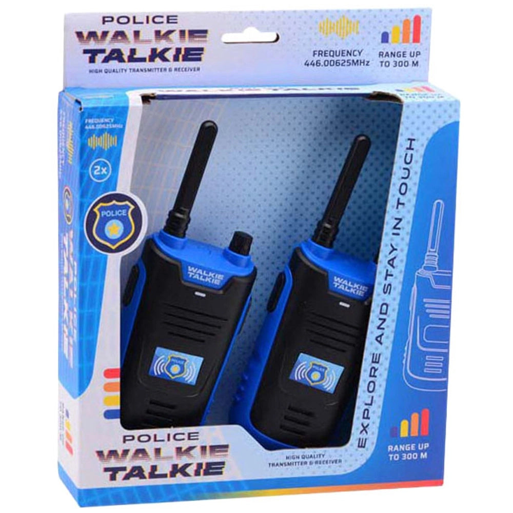 Police Walkie Talkie set in blue packaging with transparent window, featuring black and blue devices and detailed product inf