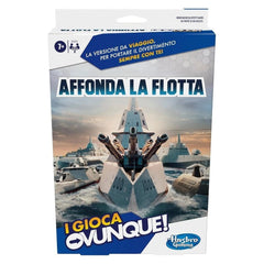 HASBRO Affonda la Flotta board game packaging features a blue and white design with a ship, glossy finish, and "I GIOCA OVUNQ
