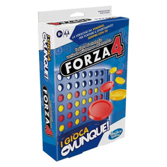 HASBRO Forza 4 Travel board game packaging features glossy blue background with vibrant red, white, and yellow text.
