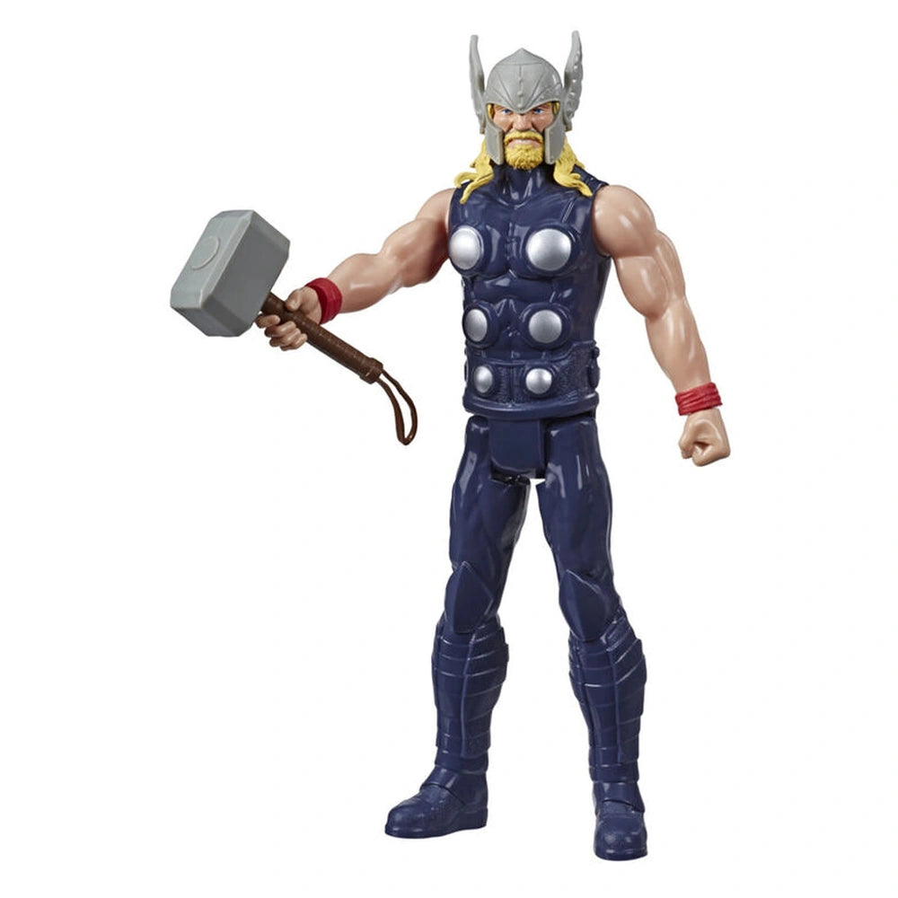 Thor Deluxe 30cm action figure features a blue costume, red wrist accents, and gray hammer, showcasing muscular details.