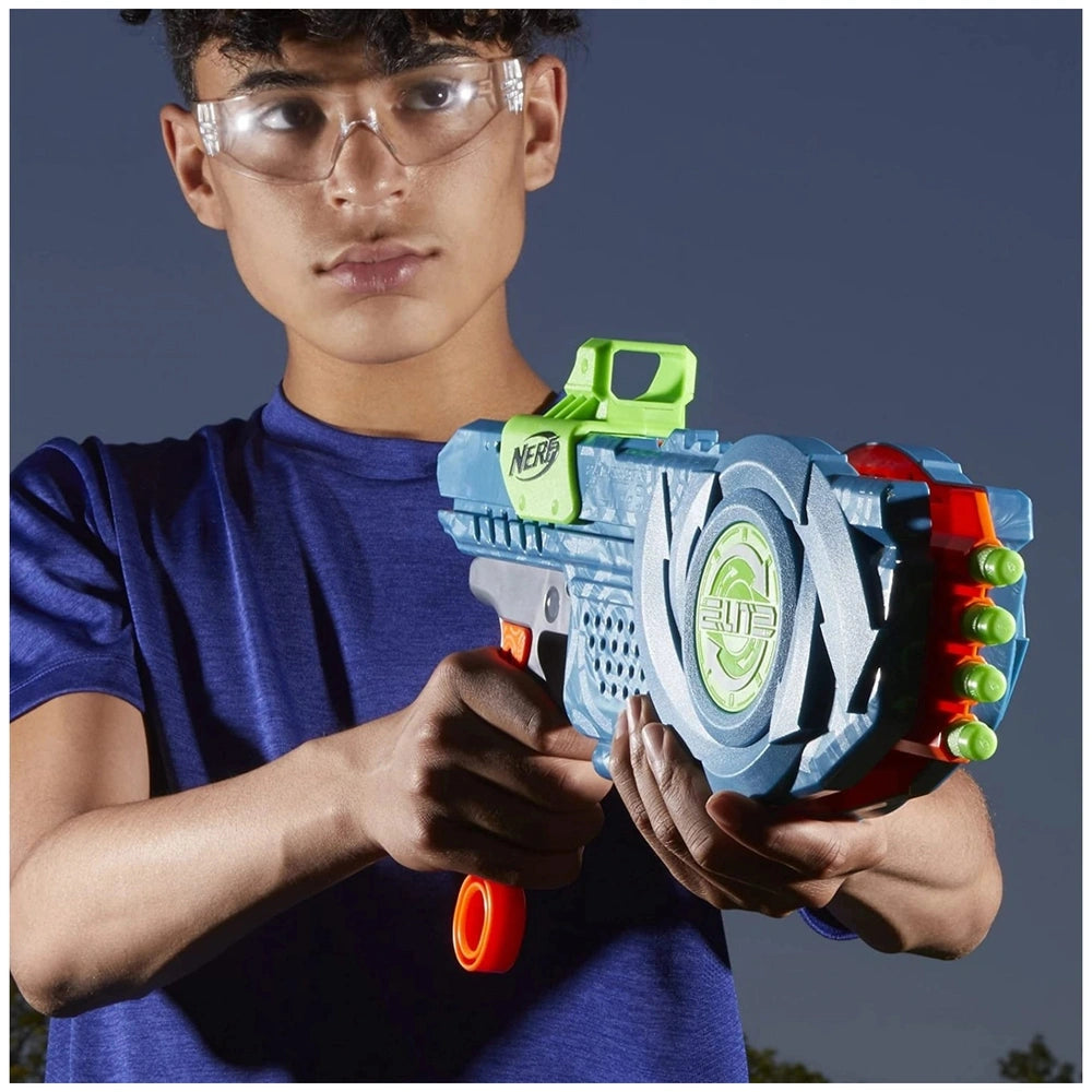 Nerf Elite 2.0 Flipshots Flip-8 Blaster in blue with green accents, held by a person, featuring a barrel, grip, and scope.